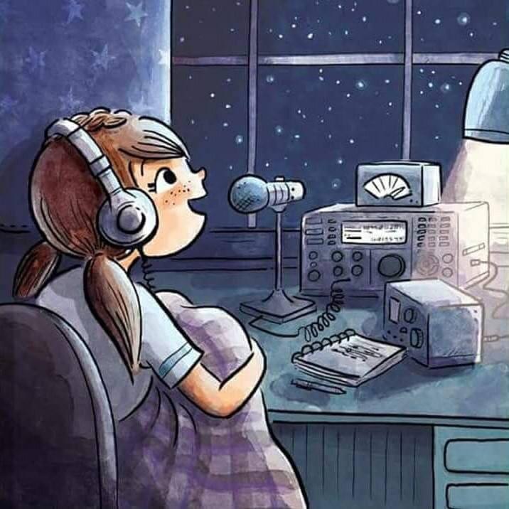 cartoon of ham radio girl at night